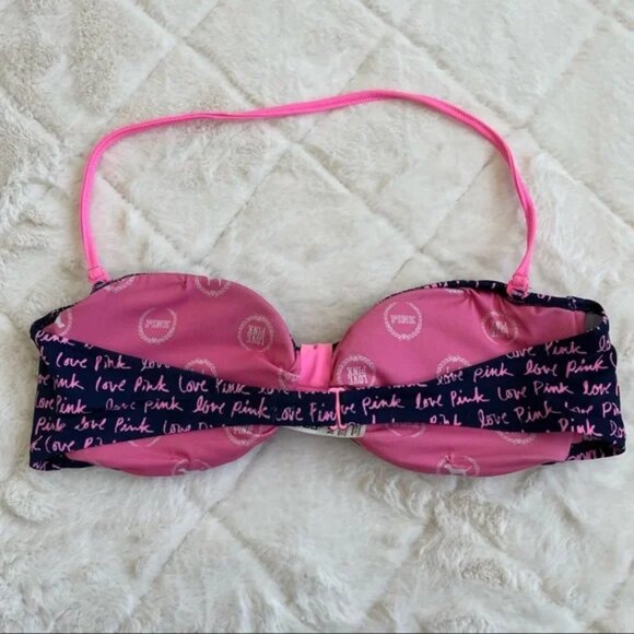 Victoria’s Secret Pink | Navy and Pink Graffiti Bandeau Bikini Top | Size Medium - Picture 3 of 10
